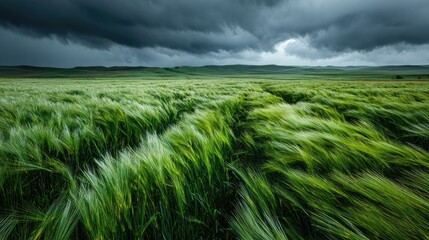 Beautiful green rolling hills with lush grass meadow landscape under bright daylight