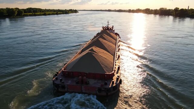 A large cargo barge navi a wide river at sunset, transporting bulk materials