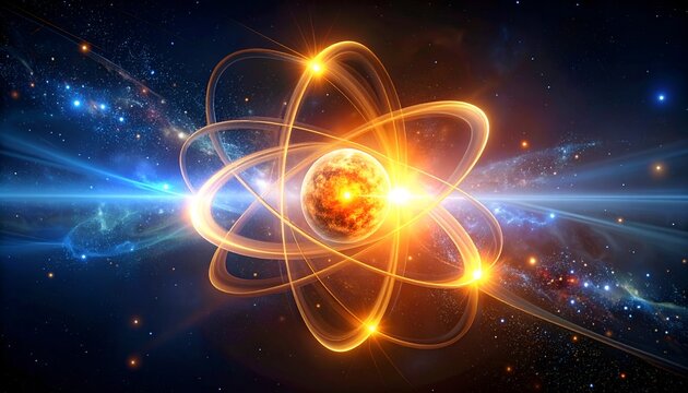 Abstract atomic structure with orbiting electrons in deep space