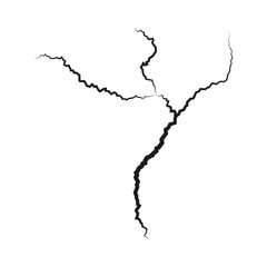 Realistic black silhouette vector illustration of a jagged surface crack or lightning bolt, isolated irregular fracture line art design element on a white background for damage and destruction concept