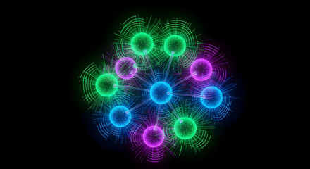 Obraz premium Abstract glowing spheres interconnected in a digital network structure with vibrant neon lights on a dark background representing data transfer and connectivity