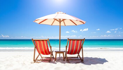 Beach chairs under umbrella by ocean