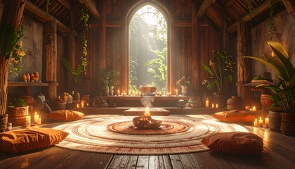 Obraz premium Serene wooden room filled with candles and plants for meditation