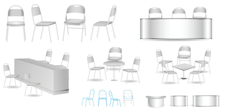 Collection of modern lounge armchairs and round coffee tables shown from multiple angles and perspectives. Minimal contemporary furniture set commonly used in living rooms, hotel lobbies, offices,  