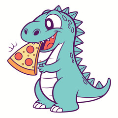 Naklejka premium Funny cartoon dinosaur eating a slice of pizza, looking happy and excited