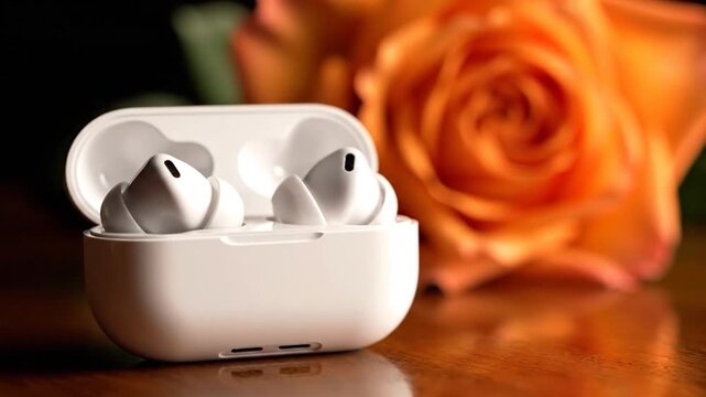 White wireless earbuds in their open charging case resting on a wooden table