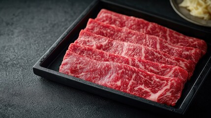 Freshly Sliced Wagyu Beef on a Black Plate with Marbling Displayed, Perfect for Grilling or Hot Pot Preparation and Culinary Presentation