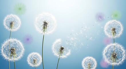 Exquisite ethereal fantasy abstract 3D dandelion flowers floating on a soft light blue background with delicate glowing petals for a serene summer spring nature artistic design concept.