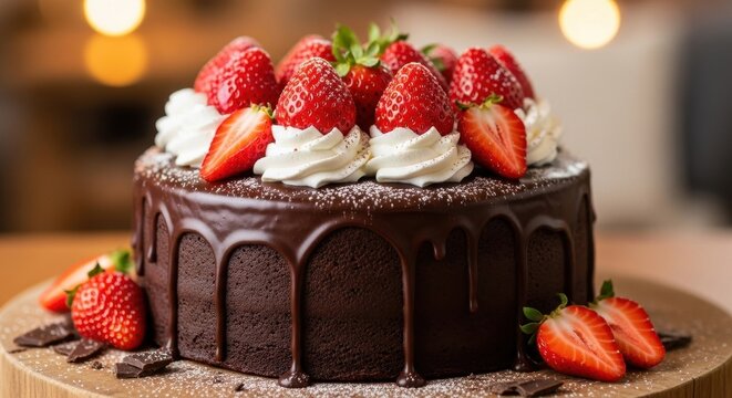 Delicious Chocolate Cake with Fresh Strawberries and Cream Topping.