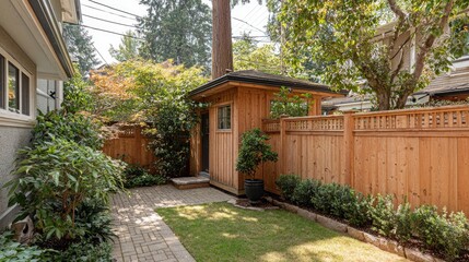 Cozy Garden Shed Surrounded by Lush Greenery in Backyard Oasis