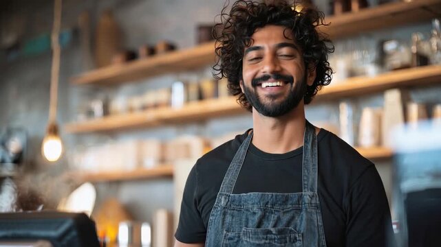 Happy curly haired Indian male barista works behind cash register at a busy cafe in the afternoon serving customers with a smile and great energy