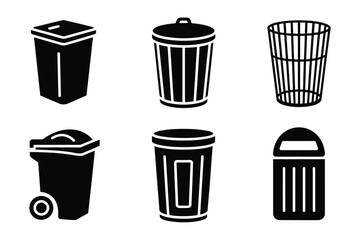 Six black and white trash bins in different styles