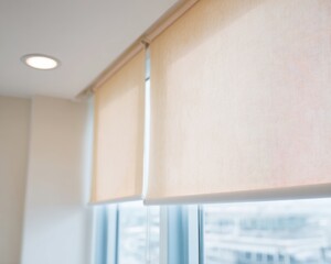 Fototapeta premium Automatic double solar roller blinds installed on large windows in a modern office or home interior for light control and privacy with soft daylight background