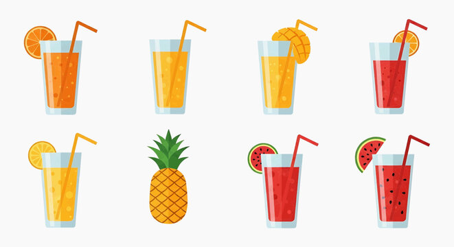 Colorful illustrations of various fruit juices and a pineapple on a table