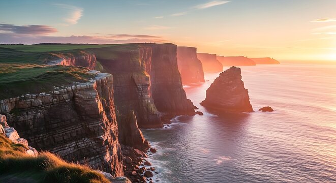 Cliffs by the sea at sunset.