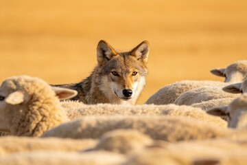 Obraz premium Wolf among sheep in golden field