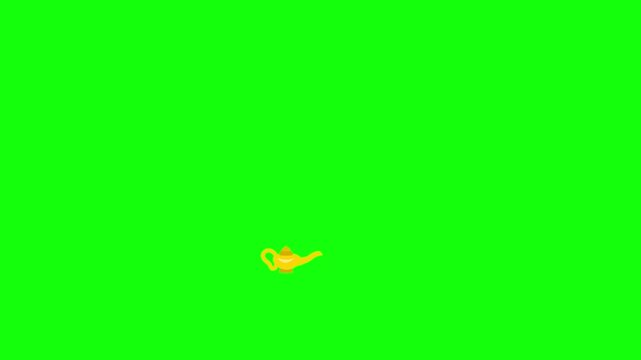 Friendly blue cartoon genie with smoke tail coming from golden lamp, gently floating and swaying with wavy tail motion, eyes blinking, seamless loop on bright green chroma key background, no text.