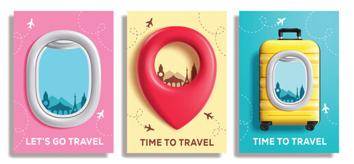Travel Time clipart poster set design. Let's go Travel and Time to Travel text clip art with airplane window, location pin and luggage bag traveler elements in colorful background for vacation holiday © AmazeinDesign