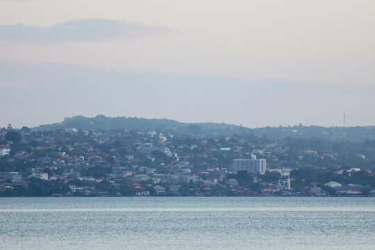 view baubau city  from sea with beautiful scenery. beautiful view suitable for wallpaper or background