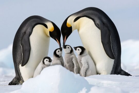 Two adult emperor penguins standing together with their chicks on a snowy ice landscape