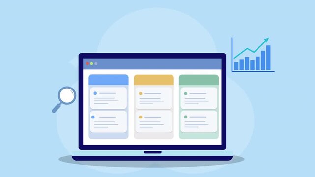 Flat vector animation of laptop analytics dashboard with magnifying glass and growth chart representing data analysis, business monitoring, and digital information search.