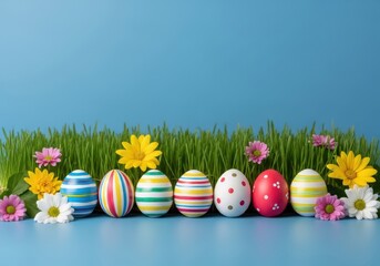 Colorful easter eggs with flowers on grass