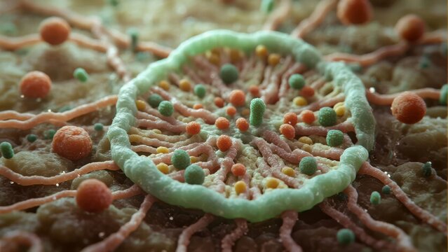 Microscopic view of a cell membrane with embedded proteins and vesicles