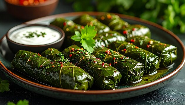Mediterranean dolma platter. Stuffed grape leaves arranged with fresh herbs and a cool yogurt dip, tangy, herbaceous, and perfect for sharing.
