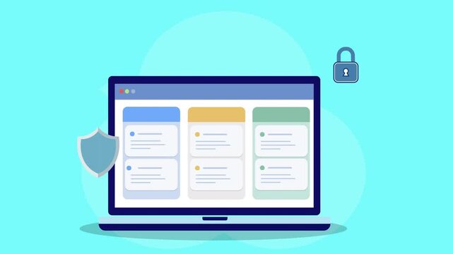 Flat vector animation of laptop dashboard with shield and lock icons representing cybersecurity protection, secure data access, and digital system safety.