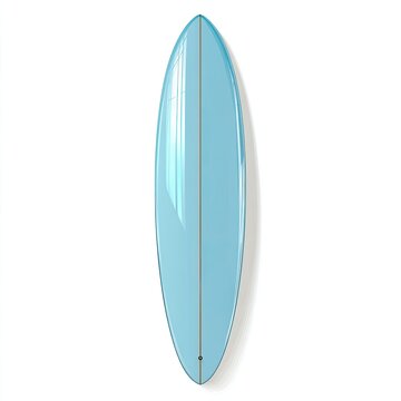 A sleek, pale blue surfboard with a single stringer on a white background