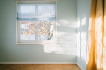 Fototapeta premium Empty room with white walls and pale blue window blinds casting soft tree shadows on wood floors, minimalist architecture background with natural light and copy space