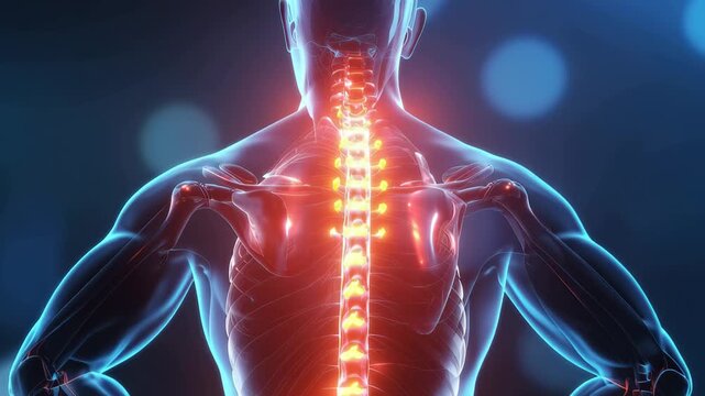 Man has back pain in medical animation showing spine and nervous system activity in a dark setting during daytime hours