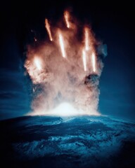 Obraz premium Apocalyptic battle impact on planet earth surface with falling meteors and fiery clouds for a science fiction movie poster and global disaster cinematic background