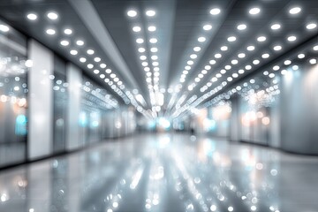 Obraz premium Interior view of a long hallway with bright lights in the ceiling, blurred and reflecting
