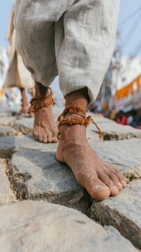 Barefoot pilgrims walking on stone road during parikrama religious ritual with soft mauve ambient light for spiritual journey travel and cultural heritage promotion