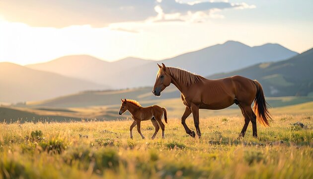 Golden hour glow illuminates a mare and foal exploring a vast mountain landscape