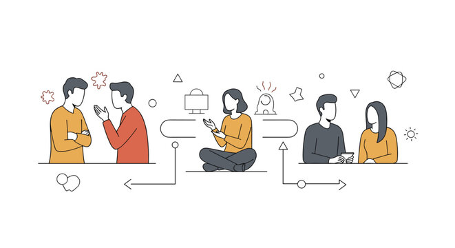A conceptual illustration depicts a three-step process of conflict resolution, from argument to mediation and finally to peaceful reconciliation.