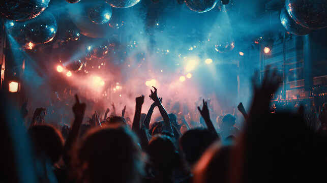 colorful nightclub scene with energetic crowd dancing under abstract lights and blurred background showing excitement music celebration and lively party atmosphere