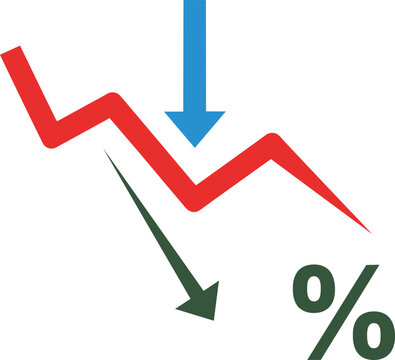 Downward trend line graph with percentage decrease on white background