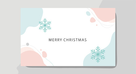 Elegant Merry Christmas greeting card with teal snowflakes and soft pink and blue abstract shapes on a light background.