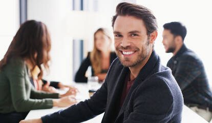 Fototapeta premium Meeting, portrait and business man in office for staff reporter, media liaison and collaboration. Team, journalist representative and happy at publishing agency for news reporting, ethics or about us