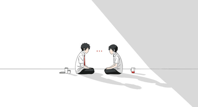 A minimalist pixel art illustration shows two schoolboys sitting cross-legged on a white floor, facing each other in silence, with red ellipsis dots hanging in the air between them.