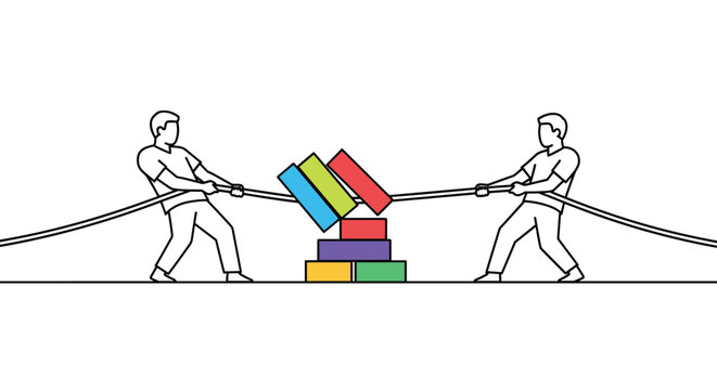 A minimalist line drawing illustrates two men playing tug-of-war with a rope that is destabilizing a central stack of colorful, rectangular blocks on a white background.