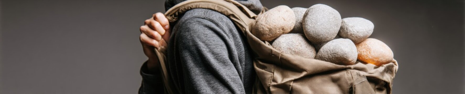 Man carrying backpack filled with heavy stones for mental health awareness conceptual campaign, representing emotional weight and stress in studio with copy space