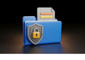 3D illustration of blue folder with shield and padlock and document on top  symbolizing secure data storage and protection