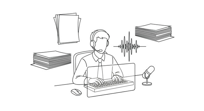 A line art illustration shows a call center agent or transcriber with a headset typing at a desk surrounded by paperwork, with a microphone and sound wave nearby.