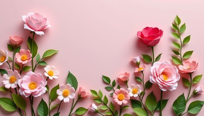 Fototapeta premium Spring Floral Flat Lay with Pastel Paper Blossoms