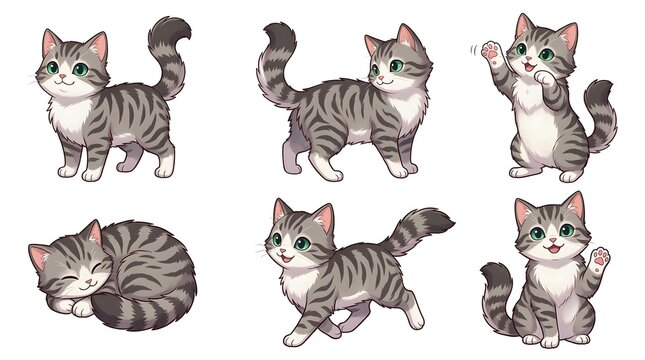 Set Character Collection of Gray Tabby Cat Poses and Expressions on White Background