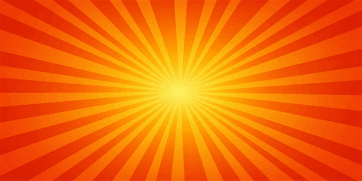 A vibrant orange and yellow sunburst background vector features an abstract summer sunrise design with bright sun rays and a hot light beam explosion for a warm sunny sky illustration