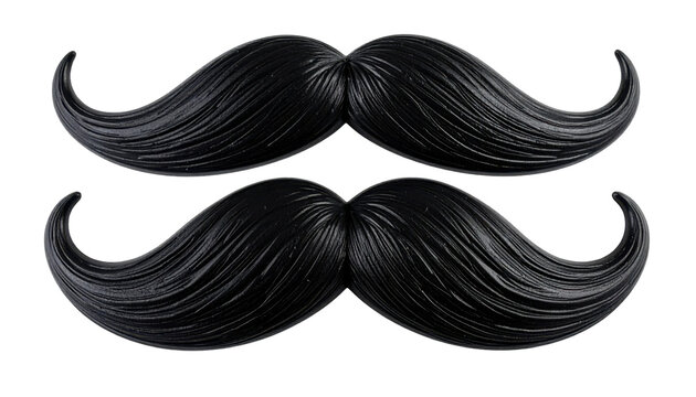 Two Black Vintage Style Mustaches with Detailed Hair Texture on a Transparent Background